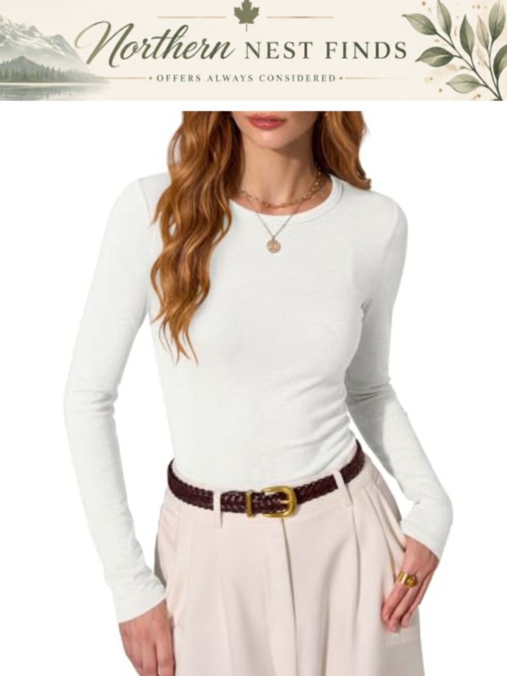 Wool Blend Slim Fit Long Sleeve Knit Tee Crew Neck Layering Top